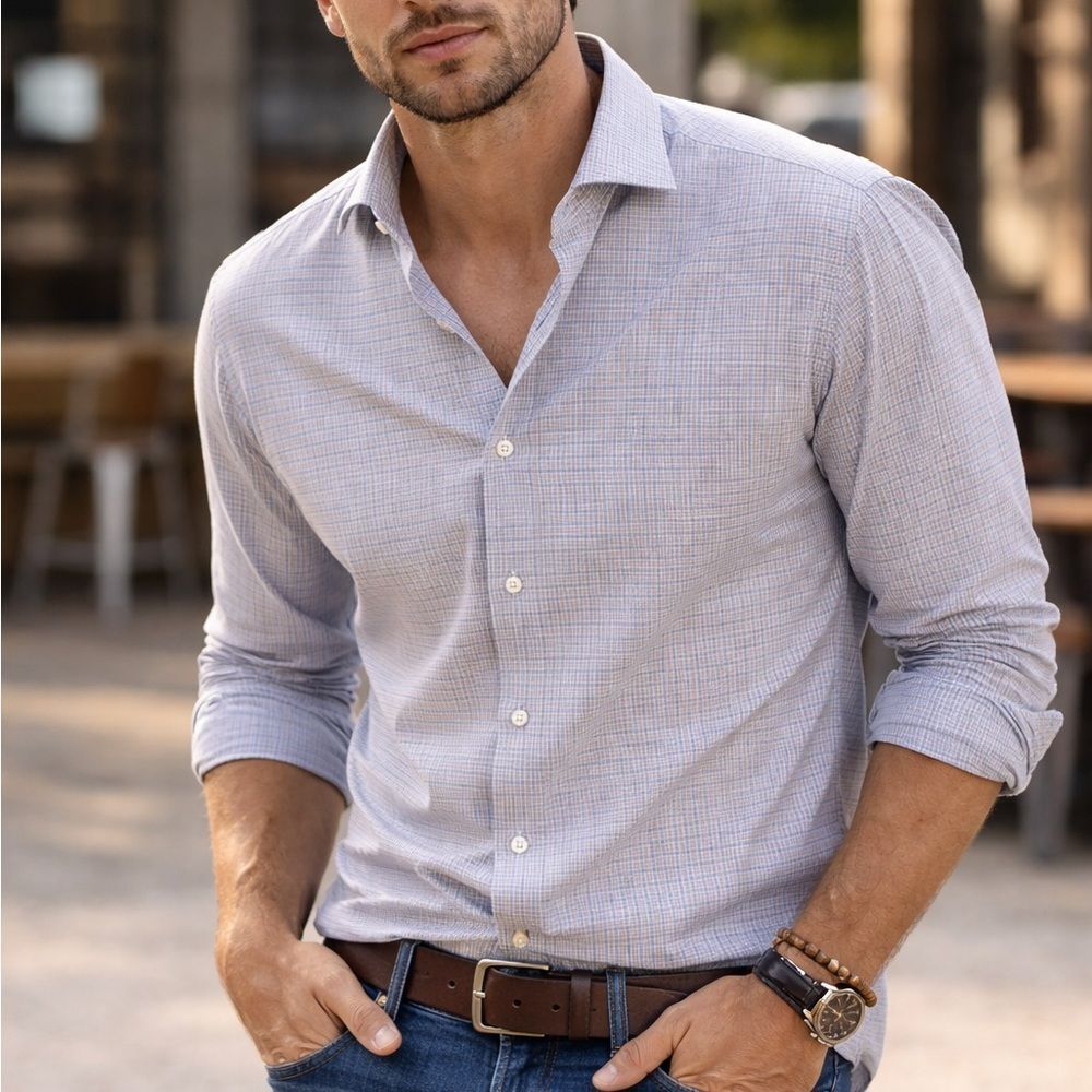 Haleigh’s Dallas  Bespoke Mens Button Down Shirt 17.5 Light Blue Check plaid